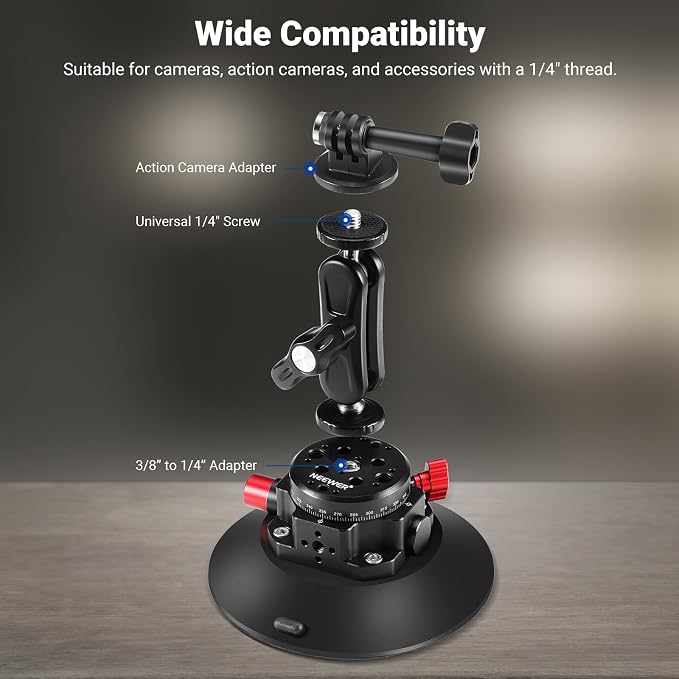 NEEWER 6"/15.2cm Camera Suction Cup Mount with Ball Head Magic Arm, Metal Suction Cup Mount on Car Windshield Dash for Camera/Action Camera/Phone Holder, with 1/4" & 3/8" Mounting Holes for ARRI - Image 3