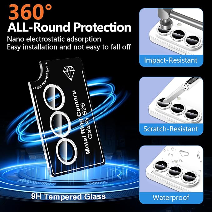 for Samsung Galaxy S26 Camera Lens Protector, Individual Metal Ring Tempered Glass Lens Cover, [Strong Adsorption] Scratch Resistant Ultra-Thin HD Clear Lens Cover, 1 Set-Silvery - Image 2