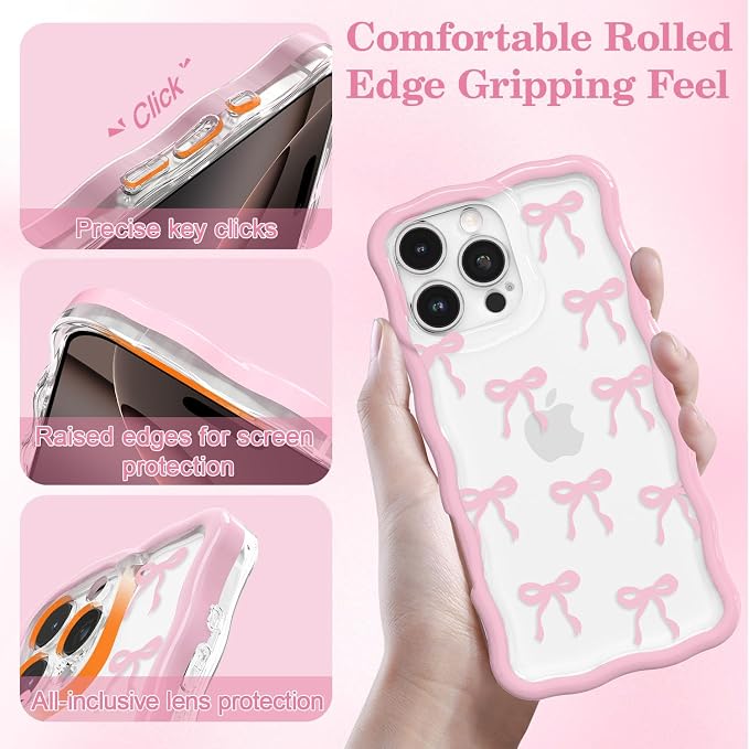 QLTYPRI for iPhone 13 Pro Pink Bow Case, Clear Cute Pink Ribbon Bow Phone Case Curly Wavy Aesthetic Phone Cover, Soft Slim Transparent TPU Shockproof Protective Cover for Women Girls - Ribbon Bow - Image 3