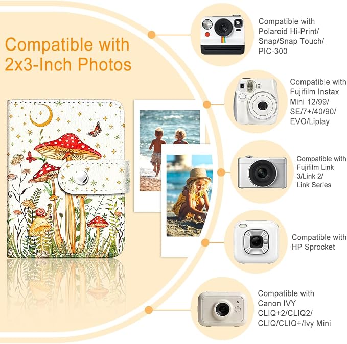 Mushroom Garden Small Photos Album for 2x3 Inch Films, 56 Pockets | Mini Cute Picture Book, Wallet Size, for Polaroid Fujifilm Instax Mini Instant Camera Printer, Kpop Photocard Binder Holders - Image 3
