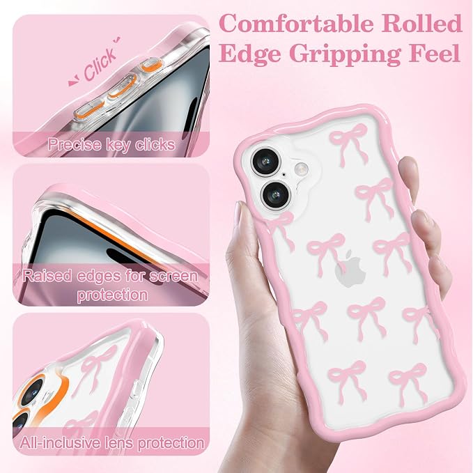 QLTYPRI for iPhone 16 Plus Pink Bow Case, Clear Cute Pink Ribbon Bow Phone Case Curly Wavy Aesthetic Phone Cover, Soft Slim Transparent TPU Shockproof Protective Cover for Women Girls - Ribbon Bow - Image 3