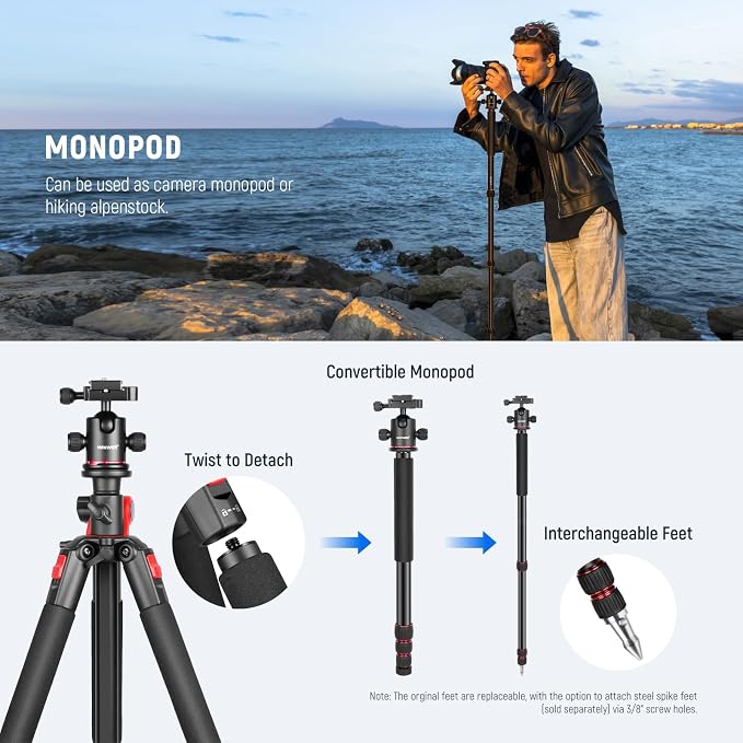 NEEWER 79 inch Camera Tripod Monopod with Center Column and Ball Head Aluminum, Arca Type QR Plate, Bag, Horizontal Tripod Overhead Camera Mount for DSLR Camera, Video Camcorder, Max Load: 33lb - Image 7