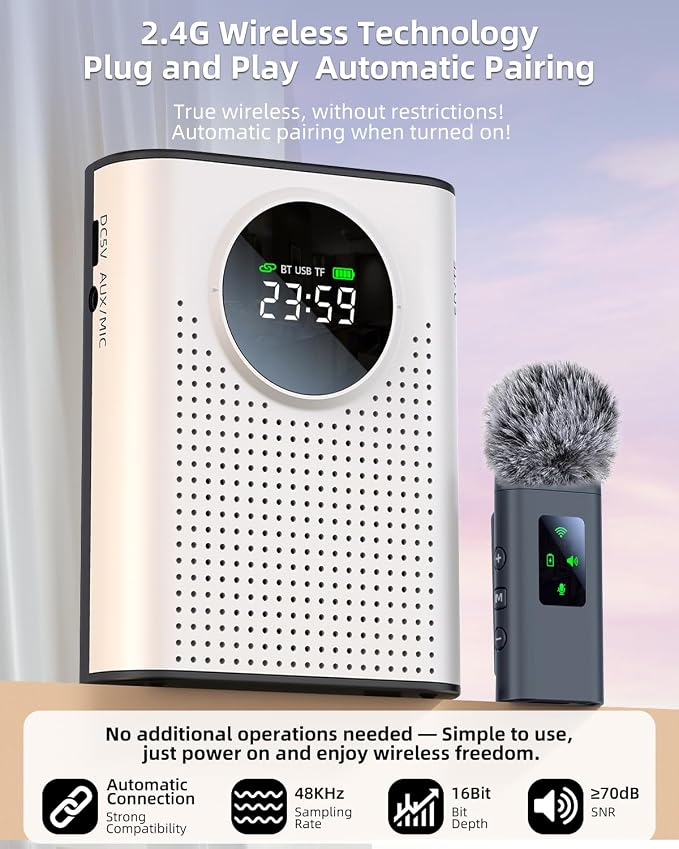 S67 Rechargeable Voice Amplifier Wireless Microphone for Teachers Classroom, Mini Lavalier Lapel Mic Clip Magnetic, Portable Bluetooth Speaker with LED Display for Class, Tour Guide, White - Image 4