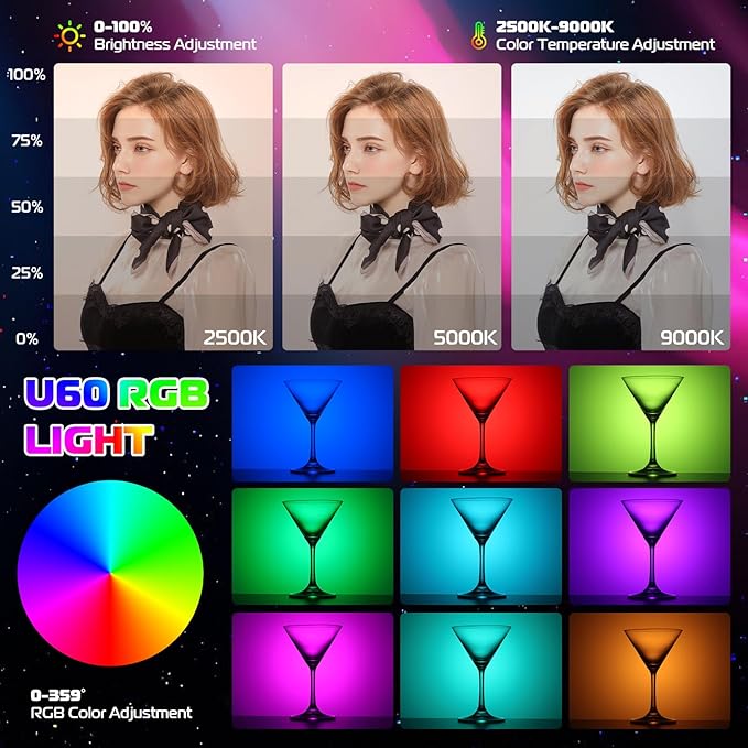 ULANZI U60 RGB Video Lights Black LED Camera Light 360° Full Color Portable Photography Lighting w Quick Release Cold Shoe Adapter and Clip, 2500mAh Rechargeable CRI 95+ 2500-9000K Dimmable Panel Lamp - Image 4