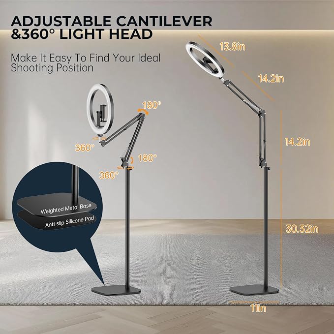 12" Ring Light with Stand Tripod for iPhone, Overhead Phone Camera Mount, Adjustable 72" Height Tripod Holder Floor, Phone Stand for Video Recording Filming Streaming Cooking TikTok YouTube, CRI >95 - Image 4
