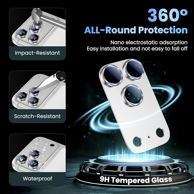 Uyiton for iPhone 17 Pro Camera Lens Protector, Metal Frame Glass Cover | Not Easy to Break, Strong Adsorption, Case-Friendly, Metal 9H Sapphire Glass Rear Camera Screen Cover, Silver - Image 2