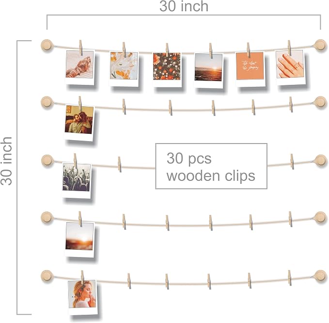 Hanging Photo Display Room Wall Decor - Sculptural Picture Frames Collage - 5 Strings with 30 Clips - 3M Self Adhesive Hooks - No Holes Drilling - 30 x 30 inch - Image 4