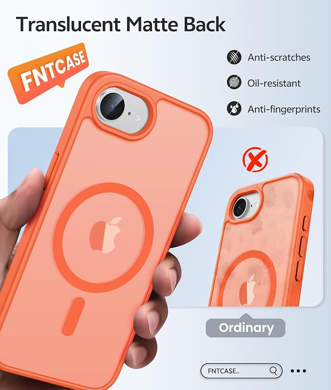 FNTCASE for iPhone 17e/ iPhone 16e Case, Fit for Magsafe, Screen Protector | Translucent Matte Magnetic Back, 14FT Military Grade Drop Protection, Shockproof Protective Phone Cover, Orange - Image 6