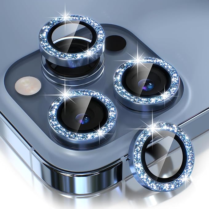 Choiche for iPhone 13 Pro/iPhone 13 Pro Max Camera Lens Protector | Ultra HD, Bling 9H Tempered Glass Camera Cover Screen Protector Metal Ring Decoration Accessories (Glitter-Sierra Blue) by Choiche