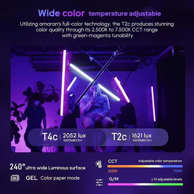 Aputure Amaran T4C 40W RGBWW LED Tube Light,APP/DMX Control,47.2Inch/120cm | Stick Light,2500-7500K CCT,Rechargeable Battery,15 Lighting FX,for Video,Photo,Vlogging,YouTube,Live Streaming - Image 4