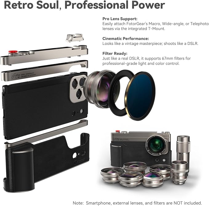 FotorGear Retro Photography Kit for iPhone 17 Pro Max & 17 Pro, Professional Phone Camera Cage with Ergonomic Grip, Integrated T-Mount for External Lenses, Supports 67mm Filters (iPhone 17 Pro Max) - Image 6