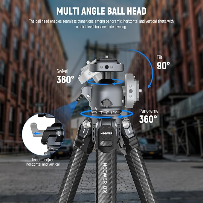 NEEWER LITETRIP LT38 61" Travel Camera Tripod, Carbon Fiber Portable Stand, 360° Pan Tilt Ball Head, Center Axis, Arca Type QR Plate Compatible with Clip V3, Max Load 22 lb, Cleaning Cloth - Image 5