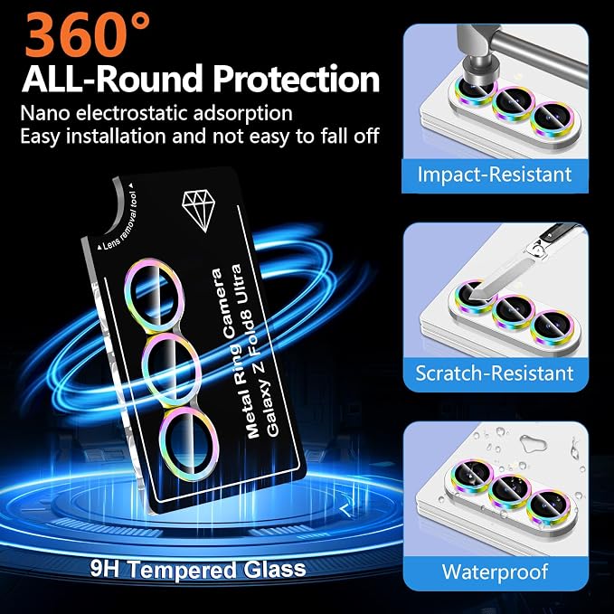 for Samsung Galaxy Z Fold 8 Ultra Camera Lens Protector, Individual Metal Ring Tempered Glass Lens Cover, [Strong Adsorption] Scratch Resistant Ultra-Thin HD Clear Lens Cover, 1 Set-Colorful - Image 2