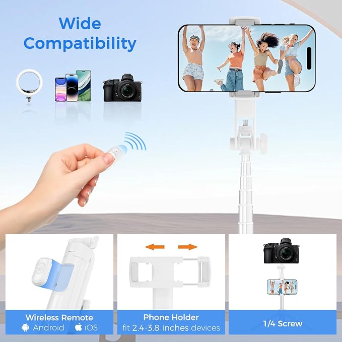 Selfie Stick Tripod for Phone with Remote Control & Holder, 50 Inch, White | Extendable Selfie Stick Travel for iPhone, iPhone Tripod for Video Recording - Image 6