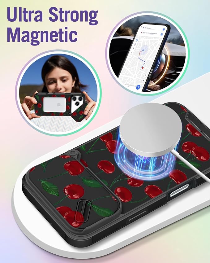 Buleens for iPhone 17 Pro Case 6.3 Inch - with Ring Stand & Camera Cover Aesthetic Cute Designed for Women Girls Girly Pretty Kawaii Cherry Teens Phone Case for iPhone 17 Pro Compatible with Magsafe - Image 4