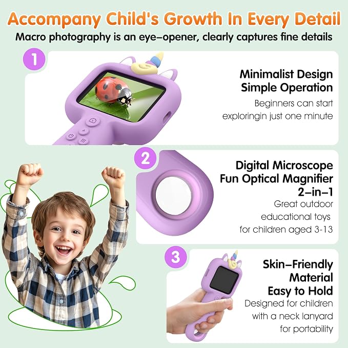 Kids Microscope, 2.4" Screen Handheld Digital Microscope 600X with 4K Camera & 8 LED Lights, Portable Pocket Microscope for Bugs Plants Nature Exploration, STEM Science Toy Gift Ages 3-12（Purple） - Image 6