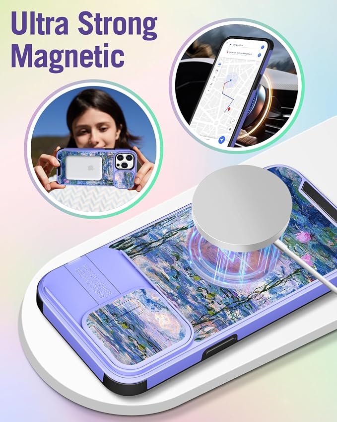 Buleens for iPhone 15 Pro Max Case 6.7 Inch - with Ring Stand & Camera Cover Aesthetic Cute Designed Women Girls Girly Kawaii Blue Water Lily Phone Case for iPhone 15 Pro Max Compatible with Magsafe - Image 4