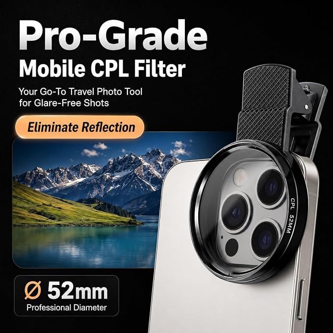 52mm Clip-on CPL Phone Camera Lens Filter Kit, Circular Polarizer Polarizing Filter Compatible with iPhone 17 16 15 14 13 12 11 - Image 4