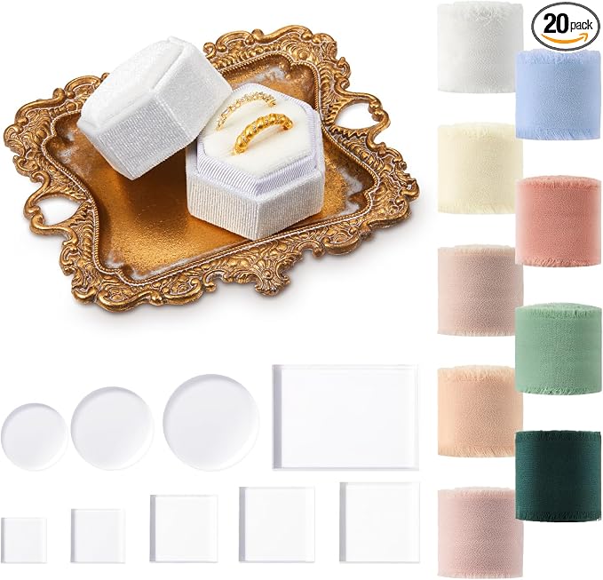 Cinnvoice 20 Pcs Flat Lay Props for Wedding Jewelry, Vintage Tray, White | Velvet Ring Boxes with Gold Tray, Acrylic Backdrops, Multi-color Staging Cards for Jewelry Display and Bridal Photography by QinYee