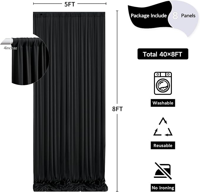 40 ft x 8 ft Black Backdrop Curtain for Parties, 8 Panels 5 ft x 8 ft Wrinkle Free Polyester Photo Black Backdrop Drapesfor Graduations Birthday Wedding Party Stage Curtains Home Decoration Supplies - Image 5