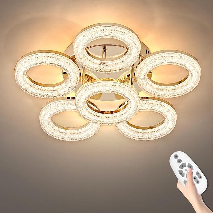 Modern Ceiling Light, 6 Rings 17.7'' Dimmable LED 60W Flush Mount Ceiling Lights with Remote Acrylic Crystal Round Ceiling Light Fixture, Bedroom Living Room Dining Room, Gold by OKELI