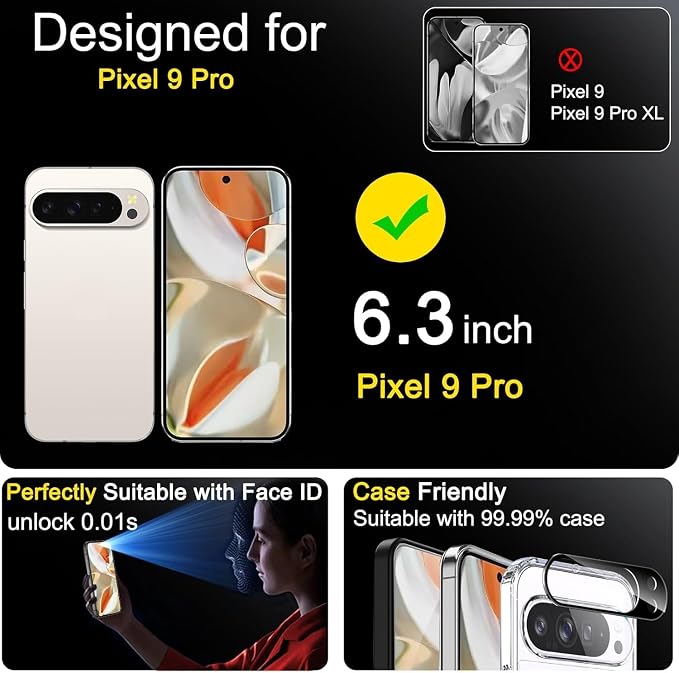 Ferilinso Screen Protector for Google Pixel 9 Pro, Tempered Glass Back | 3 Pack, 9H+ Hardness, Military-Grade Shatterproof, Case Friendly, Easy Installation Bubble Free, with Camera Lens Protector - Image 5
