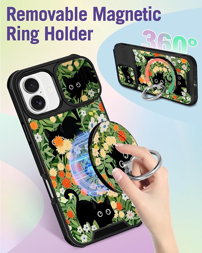 Buleens for iPhone 17 Case 6.3 Inch - with Ring Stand & Camera Cover Aesthetic Cute Designed for Women Girls Pretty Girly Cat Flowers Kawaii Phone Case for iPhone 17 Compatible with Magsafe - Image 5