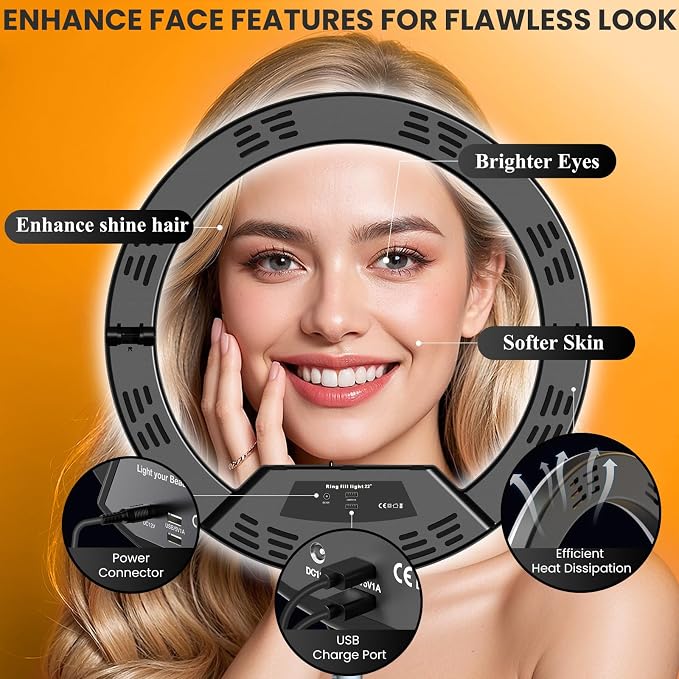18" Ring Light with Stand: Lockable Wheels, LED Display & Foldable, | 75" Tripod Stand,3 Color modes 6500K / 2 USB Ports Large Ringlight , Video Recording Live Tattoo Makeup Barber Photography - Image 3