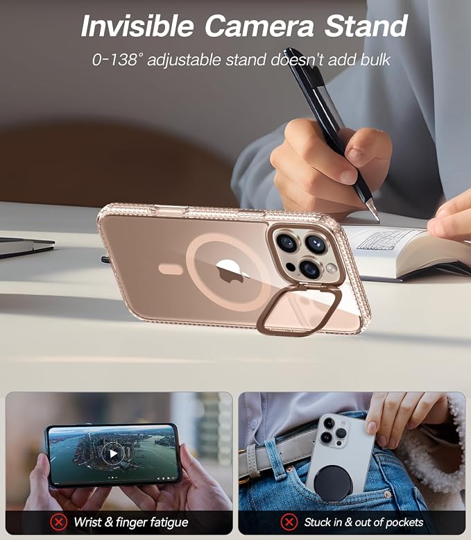 VOFATA [Upgraded] for iPhone 16 Pro Case with Camera Cover Stand [Fit for MagSafe][9H Camera Lens Protector] Mil-Grade Protection Transparent Magnetic iPhone 16 Pro Phone Case, Clear Gold - Image 3
