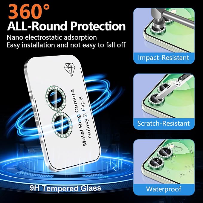 for Samsung Galaxy Z Flip 8 Camera Lens Protector, Individual Metal Ring Tempered Glass Lens Cover, [Strong Adsorption] Scratch Resistant Ultra-Thin HD Clear Lens Cover, 1 Set-Green Diamond - Image 2