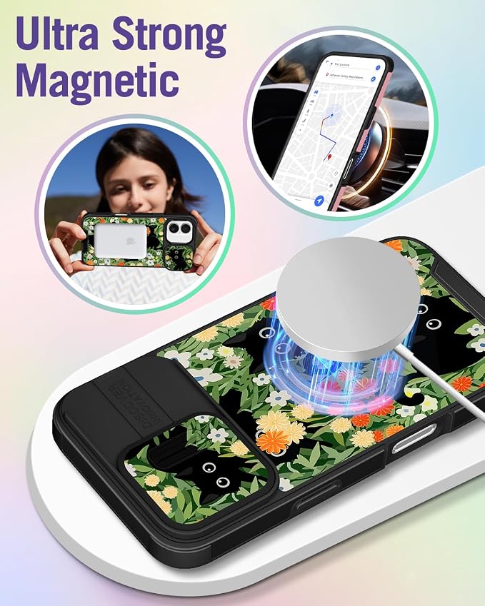 Buleens for iPhone 17 Case 6.3 Inch - with Ring Stand & Camera Cover Aesthetic Cute Designed for Women Girls Pretty Girly Cat Flowers Kawaii Phone Case for iPhone 17 Compatible with Magsafe - Image 4