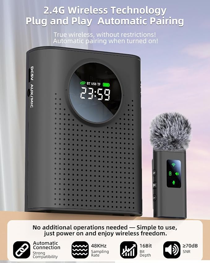 S67 Rechargeable Voice Amplifier Wireless Microphone for Teachers Classroom, Mini Lavalier Lapel Mic Clip Magnetic, Portable Bluetooth Speaker with LED Display for Class, Tour Guide, Black - Image 4