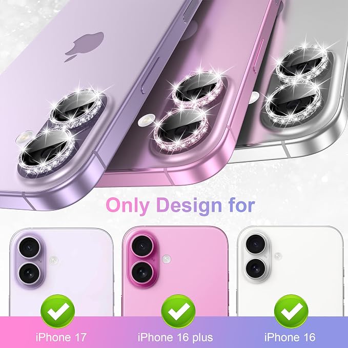 YWXTW [All-Over Glitter Camera Lens Protector for iPhone 17/iPhone 16/iPhone 16 Plus, 9H Tempered Glass Camera Lens Cover, Anti-Scratch Case Friendly(Purple) - Image 6