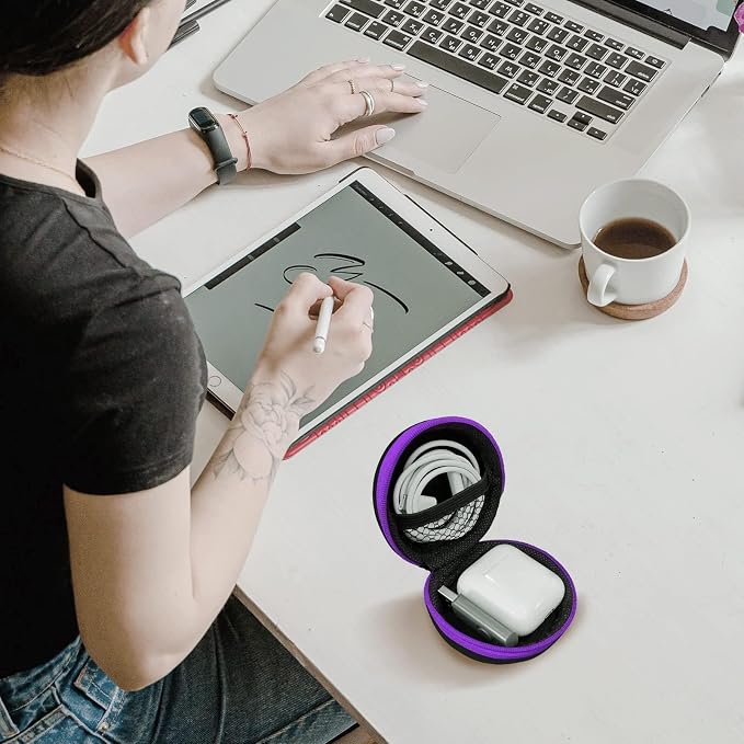 2Pack Round Earbud Case Portable EVA Carrying Case Storage Bag Cell Phone Accessories Organizer with Carabiner for Earphone, Earbud, Earpieces, SD Memory Card, Camera Chips, Black/Purple - Image 6