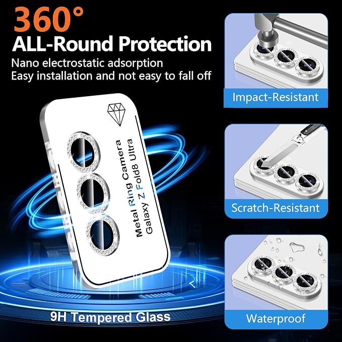 for Samsung Galaxy Z Fold 8 Ultra Camera Lens Protector, Individual Metal Ring Tempered Glass Lens Cover, [Strong Adsorption] Scratch Resistant Ultra-Thin HD Clear Lens Cover, 1 Set-Slivery Diamond - Image 2