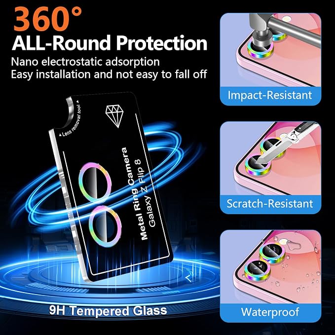 for Samsung Galaxy Z Flip 8 Camera Lens Protector, Individual Metal Ring Tempered Glass Lens Cover, [Strong Adsorption] Scratch Resistant Ultra-Thin HD Clear Lens Cover, 1 Set-Colorful - Image 2
