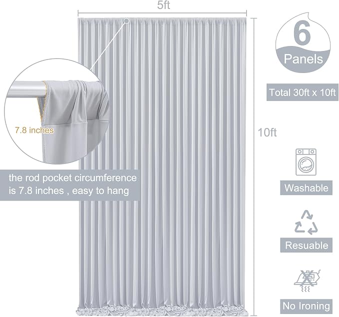 6 Panels Silver Grey Backdrop Curtain for Parties Wedding Wrinkle Free Silver Grey Photo Curtains Backdrop Drapes Fabric Decoration for Birthday Party Baby Shower 30ft(W) x 10ft(H) - Image 5