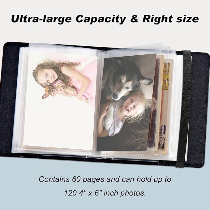DEGDFSGR 4x6 Small Photo Album, 60 Pockets Holds 120 Photos | Slip-in pockets, black elastic band, portable for family, wedding, baby, travel photos, Vintage Frame Gold Laurel Wreath - Image 4