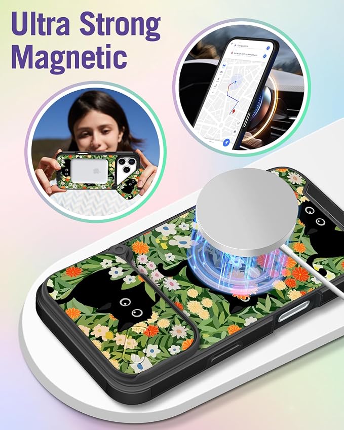 Buleens for iPhone 17 Pro Case 6.3 Inch - with Ring Stand & Camera Cover Aesthetic Cute Designed for Women Girls Pretty Girly Cat Flowers Phone Case for iPhone 17 Pro Compatible with Magsafe - Image 4