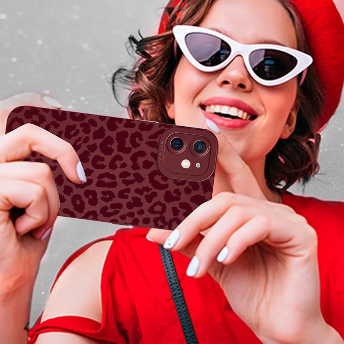 Cute Burgundy Cheetah Print Phone Case for iPhone 12 Mini 5.4" | Aesthetic Leopard Pattern Design Cover Full Camera Lens Protective Shockproof Soft Slim TPU Funda for Women Girls - Image 8