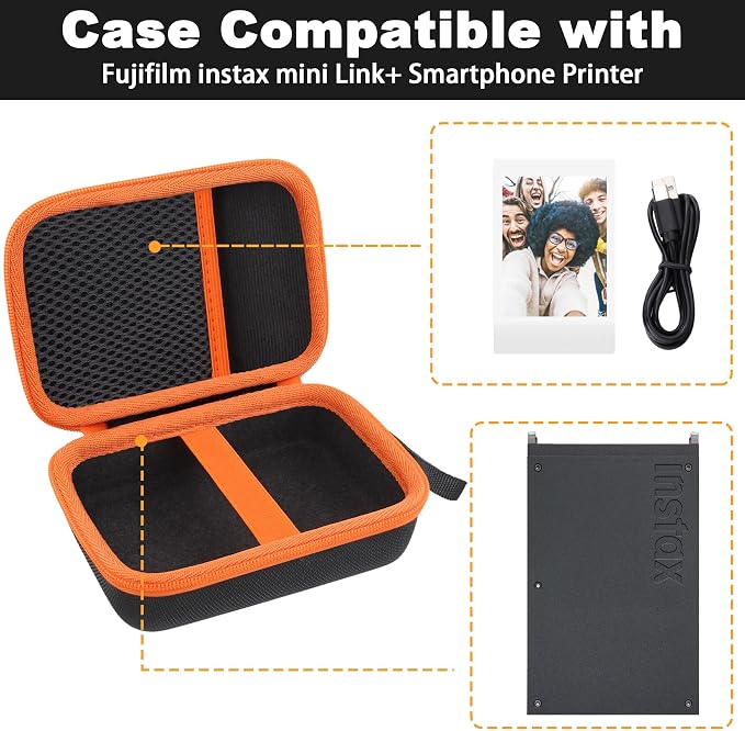 Hard Travel Case for Fujifilm Instax Mini Link+ Printer | Shockproof, With Handle, Hard Shell Exterior, Storage Compartment, Portable Carrying Box, Black Case+Orange Zipper - Image 5