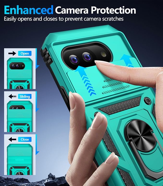 Taisairu for Google Pixel 9A Case with Screen Protector & Slide Camera Lens Cover,Built-in 360°Rotate Magnetic Ring Stand Shockproof Protective Phone Case for Google Pixel 9A Case(Mint Green) - Image 7