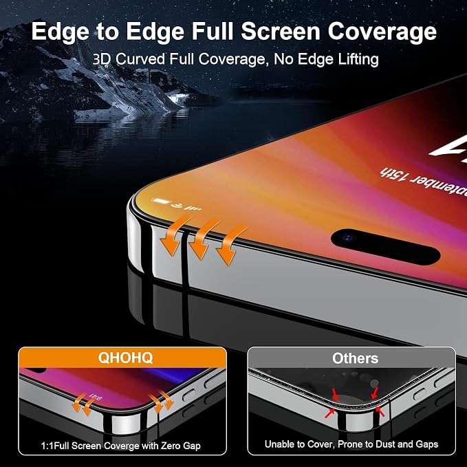 QHOHQ for iPhone 16 Pro Max Screen Protector + Camera Lens Protector | 3+3 Pack, [Military Grade Shatterproof], Top 9H+ Tempered Glass, Full Edge Coverage, Ultra Durable, with Installation Tool - Image 3