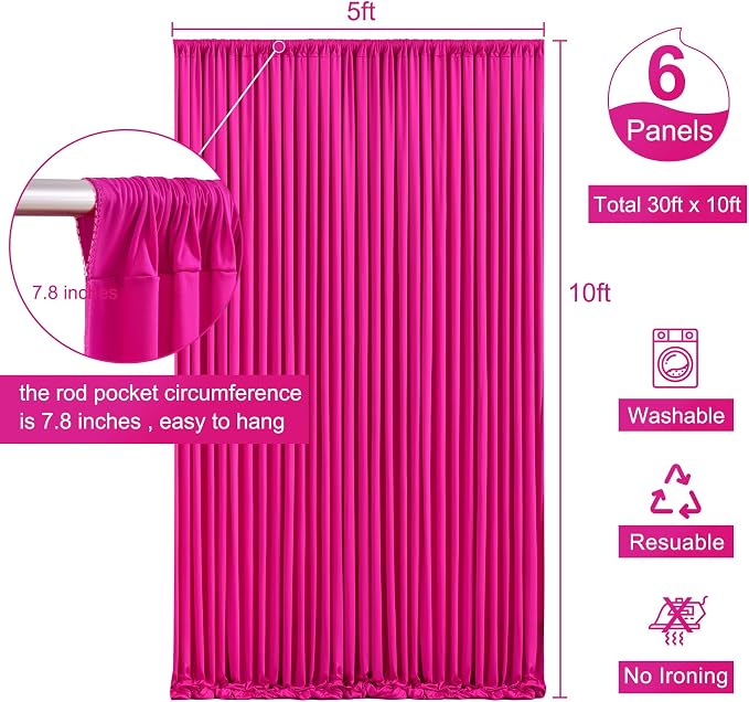 6 Panels Fuchsia Backdrop Curtain for Parties Birthday Party Wrinkle Free Hot Pink Photo Curtains Backdrop Drapes Fabric Decoration for Wedding 30ft(W) x 10ft(H) - Image 5