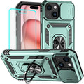 HNHYGETE for iPhone 15 Case with HD Screen Protector: [Military Grade 20ft. Drop Tested] Ring Shockproof Protective Phone Case for - iPhone 15 Dark Green by HNHYGETE