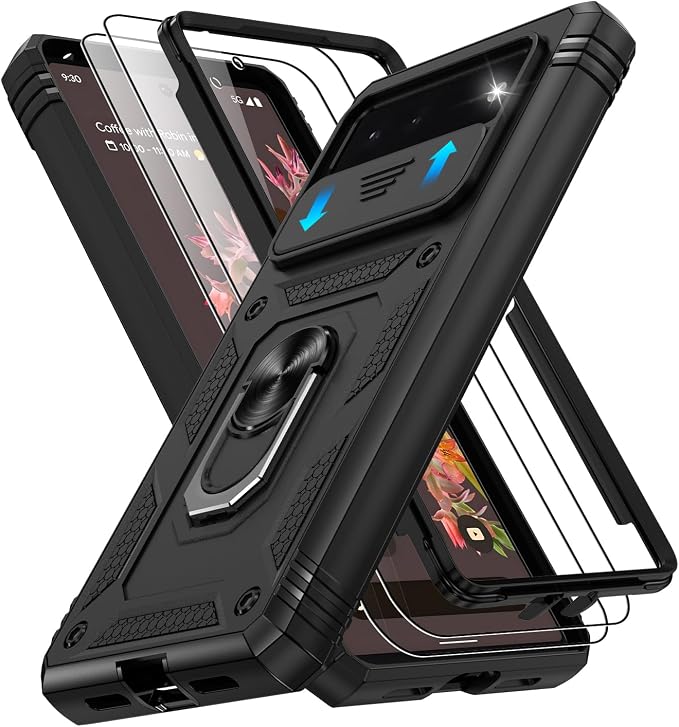 Gritup for Google Pixel 6 Case: Pixel 6 Case with 2*Screen Protector | Magnetic Stand & Slide Camera Cover | Shock Proof Military-Grade Funda para Google 6 Cover -Black by Gritup
