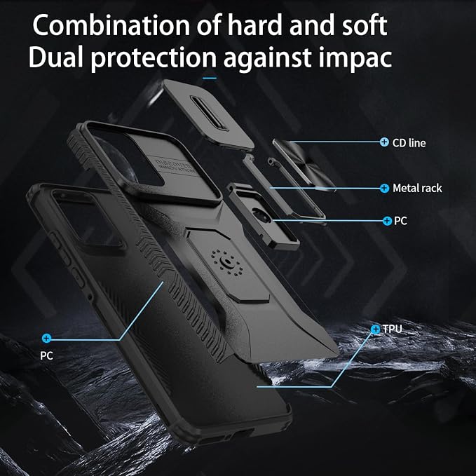 for Moto Edge 2024 Case,with Sliding Camera Lens Cover,HD Screen Protector,360° Rotating Ring Kickstand, Military-Grade Shockproof Protective Cover for Motorola Moto Edge 2024,Black - Image 4
