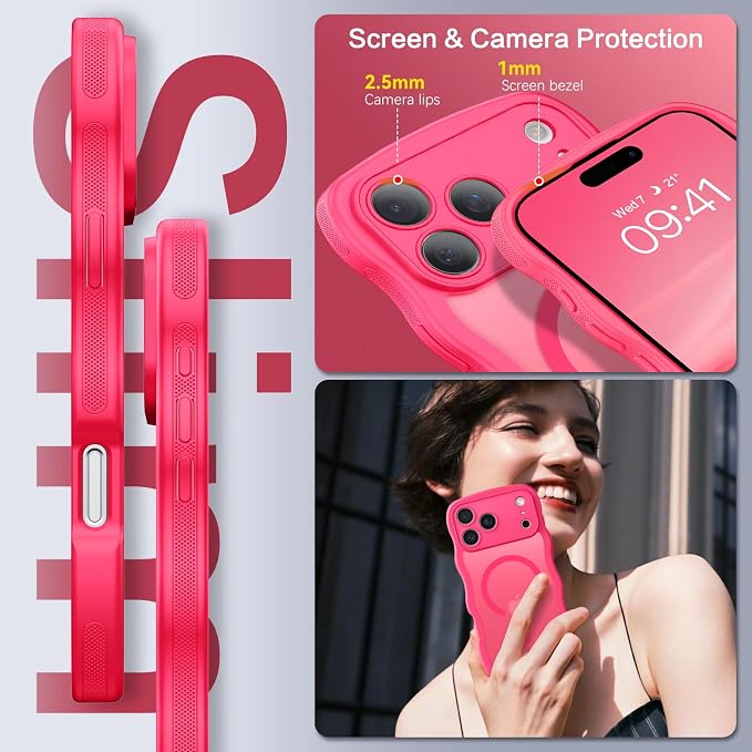 BENTOBEN Magnetic for iPhone 17 Pro Max Case, Cute Wavy [Full Camera Protection][Compatible with MagSafe] Matte Anti-Slip Bumper Women Girls Boys Protective Cover for 17 ProMax 6.9", Hot Pink - Image 6