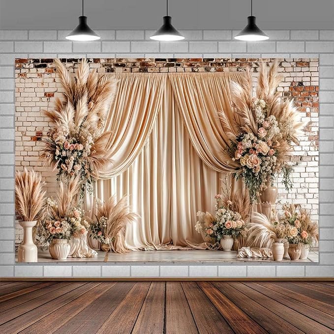 12X10ft Boho Floral Wedding Backdrop Wall Background Photography Beige Vintage Flowers Backdrops for Parties Wedding, Girls Birthday Princess Weeding Bridal Shower Floral Anniversary Ceremony Decor - Image 2