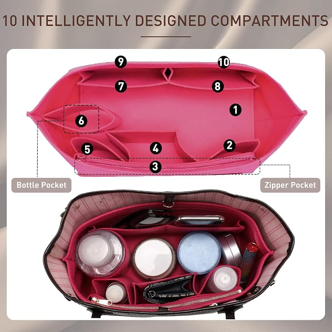 Doxo Purse Organizer Insert for Handbags & Base Shaper 2pc Set, Felt Neverfull MM Organizer Insert, Tote Bag Organizer with Zipper Pocket and Bottle Holder, Fit Speedy 30 Neverfull MM and More,Rose-L - Image 4
